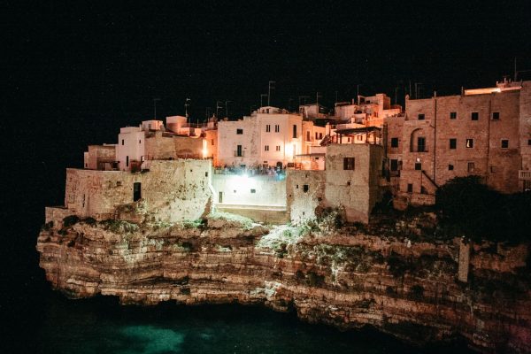 Little bays lit by night. It looks like a bee hyve of a waffle